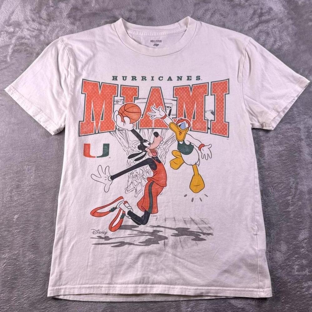 Hollister Blue 84 Miami Hurricanes Disney T Shirt Womens S White Goofy Donald